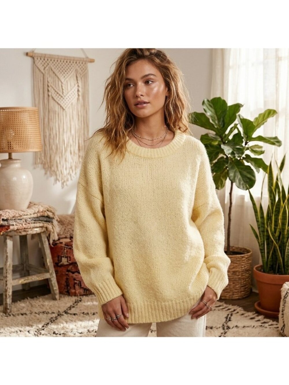 Ann Taylor Soft Chunky Sweater Womens Size M Yellow Oversized Crewneck Cozy Boho